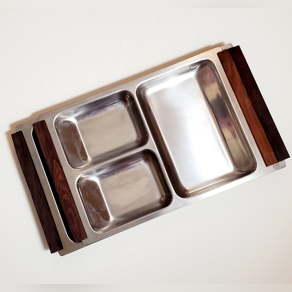 Vintage Kalmar Designs MCM Stainless Steel Teak Wood Handle Serving Tray